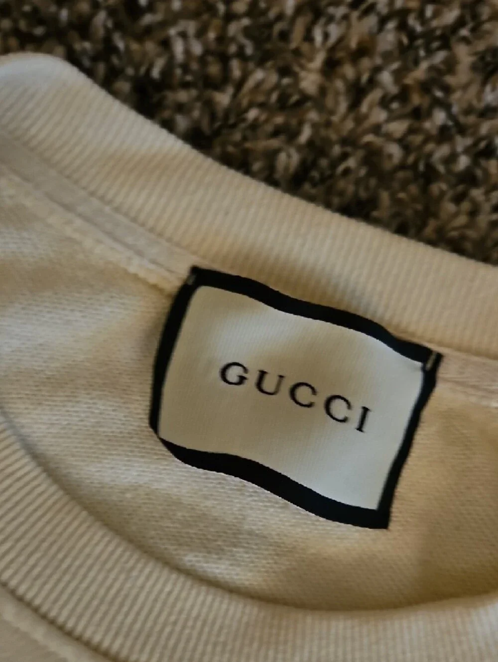 Gucci Cream Crewneck with Green and Red Web Stripe Graphic